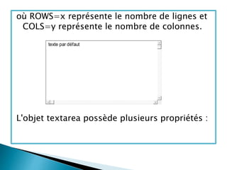 où ROWS=x représente le nombre de lignes et
COLS=y représente le nombre de colonnes.
L'objet textarea possède plusieurs propriétés :
texte par défaut
 