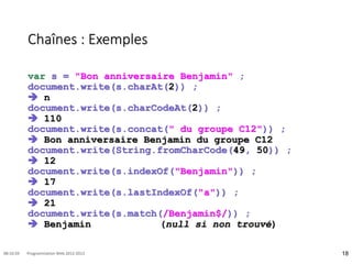 Chaînes : Exemples
var s = "Bon anniversaire Benjamin" ;
document.write(s.charAt(2)) ;
 n
document.write(s.charCodeAt(2)) ;
 110
document.write(s.concat(" du groupe C12")) ;
 Bon anniversaire Benjamin du groupe C12
document.write(String.fromCharCode(49, 50)) ;
 12
document.write(s.indexOf("Benjamin")) ;
 17
document.write(s.lastIndexOf("a")) ;
 21
document.write(s.match(/Benjamin$/)) ;
 Benjamin (null si non trouvé)
18
08:16:59 Programmation Web 2012-2013
 