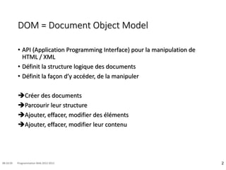 DOM = Document Object Model
• API (Application Programming Interface) pour la manipulation de
HTML / XML
• Définit la structure logique des documents
• Définit la façon d’y accéder, de la manipuler
Créer des documents
Parcourir leur structure
Ajouter, effacer, modifier des éléments
Ajouter, effacer, modifier leur contenu
2
08:16:59 Programmation Web 2012-2013
 