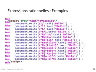 Expressions rationnelles : Exemples
<script type="text/javascript">
document.write(/l/.test('Hello')) ;
document.write(/^l/.test('Hello')) ;
document.write(/^h/.test('Hello')) ;
document.write(/^h/i.test('Hello')) ;
document.write(/^Hel.o/.test('Hello')) ;
document.write(/^Hel+o/.test('Hello')) ;
document.write(/^He+llo/.test('Hello')) ;
document.write(/^Hea*llo$/.test('Hello')) ;
document.write(/^He(l|o)*$/.test('Hello')) ;
document.write(/^H[leos]+/.test('Hello')) ;
document.write(/^H[^leo]+/.test('Hello')) ;
document.write(/^H[^kyz]+/.test('Hello')) ;
document.write(/^H[a-z]*/.test('Hello')) ;
document.write(/^H[a-z]*$/.test('Hello')) ;
</script>
38
08:16:59 Programmation Web 2012-2013
true
false
false
true
true
true
true
true
true
true
false
true
true
true
 