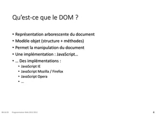 Qu’est-ce que le DOM ?
• Représentation arborescente du document
• Modèle objet (structure + méthodes)
• Permet la manipulation du document
• Une implémentation : JavaScript…
• … Des implémentations :
• JavaScript IE
• JavaScript Mozilla / Firefox
• JavaScript Opera
• …
4
08:16:59 Programmation Web 2012-2013
 