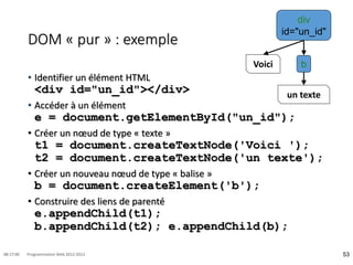 DOM « pur » : exemple
• Identifier un élément HTML
<div id="un_id"></div>
• Accéder à un élément
e = document.getElementById("un_id");
• Créer un nœud de type « texte »
t1 = document.createTextNode('Voici ');
t2 = document.createTextNode('un texte');
• Créer un nouveau nœud de type « balise »
b = document.createElement('b');
• Construire des liens de parenté
e.appendChild(t1);
b.appendChild(t2); e.appendChild(b);
53
08:17:00 Programmation Web 2012-2013
div
id="un_id"
b
Voici
un texte
 