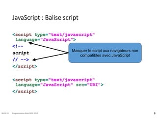 JavaScript : Balise script
<script type="text/javascript"
language="JavaScript">
<!--
script
// -->
</script>
<script type="text/javascript"
language="JavaScript" src="URI">
</script>
6
08:16:59 Programmation Web 2012-2013
Masquer le script aux navigateurs non
compatibles avec JavaScript
 