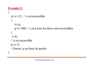 Exemple 2:
{
  int x=12; // x est accessible
  {
      int q;
      q=x+100; // x et q tous les deux sont accessibles
  }
   x=6;
  // x est accessible
  q=x+2;
  // Erreur: q est hors de portée
}

                       El Mostafa DAOUDI- p. 101
 