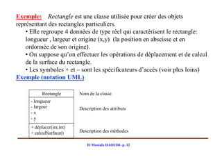 Exemple: Rectangle est une classe utilisée pour créer des objets
représentant des rectangles particuliers.
    • Elle regroupe 4 données de type réel qui caractérisent le rectangle:
    longueur , largeur et origine (x,y) (la position en abscisse et en
    ordonnée de son origine).
    • On suppose qu’on effectuer les opérations de déplacement et de calcul
    de la surface du rectangle.
    • Les symboles + et – sont les spécificateurs d’accès (voir plus loins)
Exemple (notation UML)

           Rectangle       Nom de la classe
     - longueur
     - largeur             Description des attributs
     -x
     -y
     + déplacer(int,int)
     + calculSurface()     Description des méthodes

                               El Mostafa DAOUDI- p. 12
 