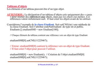 Tableaux d’objets
Les éléments d’un tableau peuvent être d’un type objet.

ATTENTION : La déclaration d’un tableau d’objets crée uniquement des « cases
  » pour stocker des références aux objets, mais pas les objets eux-mêmes. Ces
  références valent initialement null. Il faut créer les objets avant de les utiliser.

Considérons l’exemple de la classe Etudiant. Soit setCNE(int ) une méthode de
  la classe Etudiant. Soit l‘attribut codeNatEtudiant de type int et public.
  Etudiants [] etudiantSMI = new Etudiant[100];

   // Chaque élément du tableau contient une référence vers un objet de type Etudiant

   etudiantSMI[0].setCNE(11225467);

   // Erreur: etudiantSMI[0] contient la référence vers un objet de type Etudiant.
   // Il faut créer l‘objet pour pouvoir l’utiliser.

   etudiantSMI[0] = new Etudiant(); // Création de l’objet etudiantSMI[0]
   etudiantSMI[0].setCNE(11225467);

                                El Mostafa DAOUDI- p. 127
 