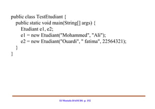 public class TestEtudiant {
  public static void main(String[] args) {
    Etudiant e1, e2;
    e1 = new Etudiant("Mohammed", "Ali");
    e2 = new Etudiant("Ouardi", " fatima", 22564321);
  }
}




                      El Mostafa DAOUDI- p. 152
 