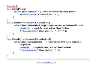 Exemple 1:
class ClasseDeBase{
        public ClasseDeBase(int i) { // constructeur de la classe de base
              System.out.println(" Classe de Base: " + i);
       }
}
class ClasseDerivee1 extends ClasseDeBase {
        public ClasseDerivee1(int i, int j) { // constructeur de la classe dérivée 1
              super(i+j); // appel du constructeur ClasseDeBase
              System.out.println(" Classe dérivée1: " + i+ " , "+j);
       }
}
class ClasseDerivee2 extends ClasseDerivee1{
        public ClasseDerivee2(int i) {  // constructeur de la classe dérivée 2
              int j=i+300;
              super(i,j); // appel du constructeur ClasseDerivee1
              System.out.println(" Classe dérivée2: " + i);
       }
}


                                 El Mostafa DAOUDI- p. 162
 