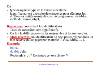 Où
- type désigne le type de la variable déclarée
- identificateur est une suite de caractères pour désigner les
  différentes entités manipulés par un programme: variables,
  méthode, classe, objet, …

Remarque: concernant les identificateurs:
- Tous les caractères sont significatifs.
- On fait la différence entre les majuscules et les minuscules.
- Mots réservés: un identificateur ne peut pas correspondre à un
  mot réservé du langage (par exemple if, else, while, ..., ).
Exemple:
  int val;
  double delta;
  Rectangle r1; /* Rectangle est une classe */

                        El Mostafa DAOUDI- p. 71
 