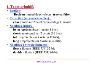 1. Types primitifs
• Booléen:
     Boolean : prend deux valeurs true ou false
• Caractère (un seul caractère) :
    char : codé sur 2 octet par le codage Unicode
• Nombres entiers :
    byte: représenté sur 1 octet (8 bits),
    short: représenté sur 2 octets (16 bits),
    int : représenté sur 4 octets (32 bits),
    long : représenté sur 8 octets (64 bits).
• Nombres à virgule flottante :
    float : flottant (IEEE 754) 32-bit
    double : flottant (IEEE 754) 64-bit

                       El Mostafa DAOUDI- p. 82
 