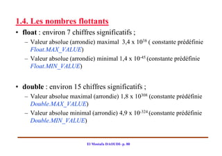 1.4. Les nombres flottants
• float : environ 7 chiffres significatifs ;
   – Valeur absolue (arrondie) maximal 3,4 x 1038 ( constante prédéfinie
     Float.MAX_VALUE)
   – Valeur absolue (arrondie) minimal 1,4 x 10-45 (constante prédéfinie
     Float.MIN_VALUE)


• double : environ 15 chiffres significatifs ;
   – Valeur absolue maximal (arrondie) 1,8 x 10308 (constante prédéfinie
     Double.MAX_VALUE)
   – Valeur absolue minimal (arrondie) 4,9 x 10-324 (constante prédéfinie
     Double.MIN_VALUE)


                           El Mostafa DAOUDI- p. 88
 