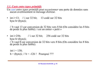 3.1. Casts entre types primitifs
Un cast entre types primitifs peut occasionner une perte de données sans
   aucun avertissement ni message d'erreur.

• int i=13; // i sur 32 bit;     13 codé sur 32 bits
  byte b=(byte)i;

  // b vaut 13 car conversion de 32 bits vers 8 bit (On considère les 8 bits
  de poids le plus faible). i est un entier « petit »

• int i=256;        // i sur 32 bit; 256 codé sur 32 bits
  byte b=(byte)i;
  // b vaut 0 car conversion de 32 bits vers 8 bits (On considère les 8 bits
  de poids le plus faible).

  int i = 130;
  b = (byte)i; // b = -126 ! Pourqoui ???


                               El Mostafa DAOUDI- p. 93
 