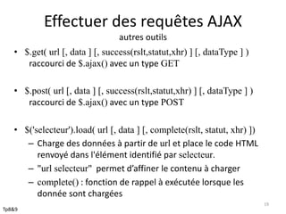 Effectuer des requêtes AJAX 
autres outils 
• $.get( url [, data ] [, success(rslt,statut,xhr) ] [, dataType ] ) 
raccourci de $.ajax() avec un type GET 
• $.post( url [, data ] [, success(rslt,statut,xhr) ] [, dataType ] ) 
raccourci de $.ajax() avec un type POST 
• $('selecteur').load( url [, data ] [, complete(rslt, statut, xhr) ]) 
– Charge des données à partir de url et place le code HTML 
renvoyé dans l'élément identifié par selecteur. 
– "url selecteur" permet d’affiner le contenu à charger 
– complete() : fonction de rappel à exécutée lorsque les 
donnée sont chargées 
19 
Tp8&9 

