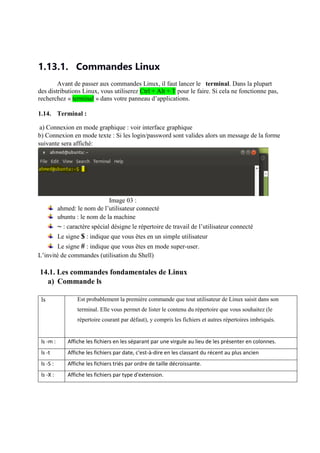1.13.1. Commandes Linux
Avant de passer aux commandes Linux, il faut lancer le terminal. Dans la plupart
des distributions Linux, vous utiliserez Ctrl + Alt + T pour le faire. Si cela ne fonctionne pas,
recherchez « terminal » dans votre panneau d’applications.
1.14. Terminal :
a) Connexion en mode graphique : voir interface graphique
b) Connexion en mode texte : Si les login/password sont valides alors un message de la forme
suivante sera affiché:
Image 03 :
ahmed: le nom de l’utilisateur connecté
ubuntu : le nom de la machine
~ : caractère spécial désigne le répertoire de travail de l’utilisateur connecté
Le signe $ : indique que vous êtes en un simple utilisateur
Le signe # : indique que vous êtes en mode super-user.
L’invité de commandes (utilisation du Shell)
14.1. Les commandes fondamentales de Linux
a) Commande ls
ls Est probablement la première commande que tout utilisateur de Linux saisit dans son
terminal. Elle vous permet de lister le contenu du répertoire que vous souhaitez (le
répertoire courant par défaut), y compris les fichiers et autres répertoires imbriqués.
ls -m : Affiche les fichiers en les séparant par une virgule au lieu de les présenter en colonnes.
ls -t Affiche les fichiers par date, c'est-à-dire en les classant du récent au plus ancien
ls -S : Affiche les fichiers triés par ordre de taille décroissante.
ls -X : Affiche les fichiers par type d'extension.
 