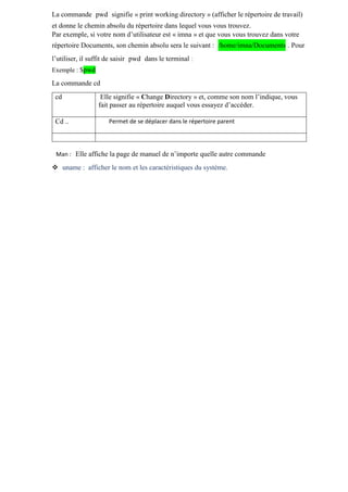 La commande pwd signifie « print working directory » (afficher le répertoire de travail)
et donne le chemin absolu du répertoire dans lequel vous vous trouvez.
Par exemple, si votre nom d’utilisateur est « imna » et que vous vous trouvez dans votre
répertoire Documents, son chemin absolu sera le suivant : /home/imna/Documents . Pour
l’utiliser, il suffit de saisir pwd dans le terminal :
Exemple : $pwd
La commande cd
cd Elle signifie « Change Directory » et, comme son nom l’indique, vous
fait passer au répertoire auquel vous essayez d’accéder.
Cd .. Permet de se déplacer dans le répertoire parent
Man : Elle affiche la page de manuel de n’importe quelle autre commande
 uname : afficher le nom et les caractéristiques du système.
 