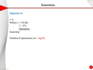 Exercices
4
Séquence 4:
i=1;
While ( i < N) Do
i = 2*i;
Opération ;
Endwhile
Nombre d’oprérations est : log(N)
 