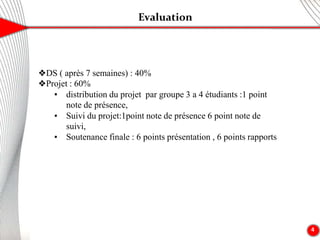 Evaluation
4
❖DS ( après 7 semaines) : 40%
❖Projet : 60%
▪ distribution du projet par groupe 3 a 4 étudiants :1 point
note de présence,
▪ Suivi du projet:1point note de présence 6 point note de
suivi,
▪ Soutenance finale : 6 points présentation , 6 points rapports
 
