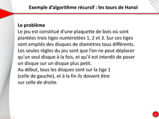 Exemple d’algorithme récursif : les tours de Hanoï
4
Le problème
Le jeu est constitué d’une plaquette de bois où sont
plantées trois tiges numérotées 1, 2 et 3. Sur ces tiges
sont empilés des disques de diamètres tous différents.
Les seules règles du jeu sont que l’on ne peut déplacer
qu’un seul disque à la fois, et qu’il est interdit de poser
un disque sur un disque plus petit.
Au début, tous les disques sont sur la tige 1
(celle de gauche), et à la fin ils doivent être
sur celle de droite.
 