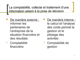 3
La comptabilité, collecte et traitement d’une
information aidant à la prise de décision
 De manière externe :
informer les
partenaires de
l’entreprise de la
situation financière et
des résultats
 Comptabilité
financière
 De manière interne :
le calcul et l’analyse
des coûts permet la
gestion et le
pilotage des
activités
 Comptabilité de
gestion
 