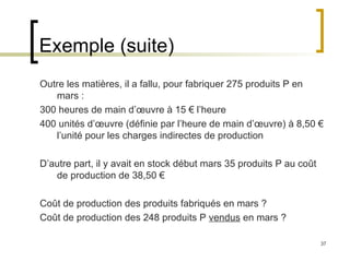 37
Exemple (suite)
Outre les matières, il a fallu, pour fabriquer 275 produits P en
mars :
300 heures de main d’œuvre à 15 € l’heure
400 unités d’œuvre (définie par l’heure de main d’œuvre) à 8,50 €
l’unité pour les charges indirectes de production
D’autre part, il y avait en stock début mars 35 produits P au coût
de production de 38,50 €
Coût de production des produits fabriqués en mars ?
Coût de production des 248 produits P vendus en mars ?
 