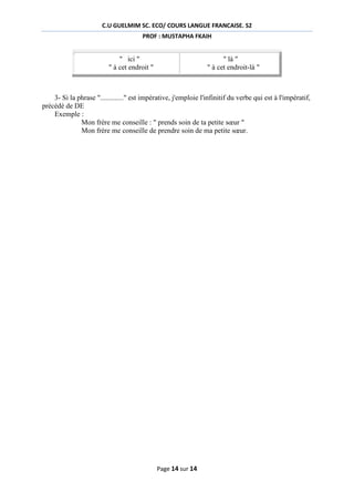 C.U GUELMIM SC. ECO/ COURS LANGUE FRANCAISE. S2
PROF : MUSTAPHA FKAIH

" ici "
" à cet endroit "

" là "
" à cet endroit-là "

3- Si la phrase "............." est impérative, j'emploie l'infinitif du verbe qui est à l'impératif,
précédé de DE
Exemple :
Mon frère me conseille : " prends soin de ta petite sœur "
Mon frère me conseille de prendre soin de ma petite sœur.

Page 14 sur 14

 