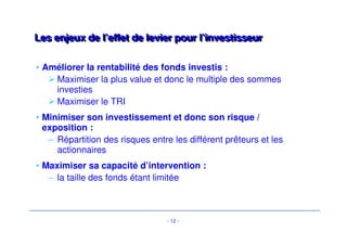 Les enjeux de l’effet de levier ppoouurr ll’’iinnvveessttiisssseeuurr 
• Améliorer la rentabilité des fonds investis : 
 Maximiser la plus value et donc le multiple des sommes 
investies 
 Maximiser le TRI 
• Minimiser son investissement et donc son risque / 
exposition : 
– Répartition des risques entre les différent prêteurs et les 
actionnaires 
• Maximiser sa capacité d’intervention : 
– la taille des fonds étant limitée 
- 12 - 
 