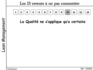 La Qualité ne s’applique qu’a certains 
LeanManagement
Charkaoui	
  
Les 13 erreurs à ne pas commettre
IMI	
  -­‐	
  CIGMA	
  
 