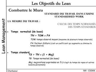Combattre le Mura
LeanManagement
Charkaoui	
  
Les Objectifs du Lean
IMI	
  -­‐	
  CIGMA	
  
La mesure du travail :
Calcul des temps normalisés
des temps standards
●  Temps normalisé (de base)
●  Temps standard
TN = TOM × FA
TOM: temps observé moyen (moyenne de plusieurs temps observés)
FA: facteur d’allure (c’est un coefficient qui augmente ou diminue le
temps observé)
TS = TN × (1 + Maj)
TB: Temps normalisé (de base)
Maj: majorations exprimées en % (il s’agit du temps de repos et autres
besoins personnels)
Standard du travail dans l’usine
Standardised work
 
