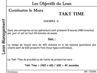 Combattre le Mura
LeanManagement
Charkaoui	
  
Les Objectifs du Lean
IMI	
  -­‐	
  CIGMA	
  
Dans une entreprise où les opérateurs sont présents 8 heures (480 minutes)
par jour et ont en tout 60 minutes de pause.
Donc :
Le temps de travail sera de 420 minutes et si les besoins quotidiens des
clients sont de 600 produits finis (tous types confondus),
Le Takt Time du procédé ou de l’unité de production sera :
Takt Time = (420 x 60) / 600 = 42 secondes
Exemple -2-
Takt time
 