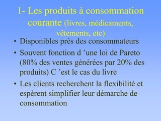 1- Les produits à consommation
courante (livres, médicaments,
vêtements, etc)
• Disponibles près des consommateurs
• Souvent fonction d ’une loi de Pareto
(80% des ventes générées par 20% des
produits) C ’est le cas du livre
• Les clients recherchent la flexibilité et
espèrent simplifier leur démarche de
consommation
 