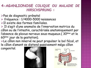 Pas de diagnostic prénatal
 fréquence : 1/4000-5000 naissances
Il existe des formes familiales.
 Il s’agit d’une anomalie de l’innervation motrice du
côlon ou de l’intestin, caractérisée anatomiquement par
l’absence de plexus nerveux sous-muqueux.( 30ème et le
60ème jour de la gestation).
Le côlon non innervé ne peut propulser le bol fécal, et
le côlon d’amont se distend passivement méga côlon
congenital.

 