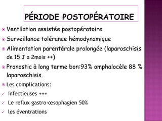  Ventilation

assistée postopératoire

 Surveillance

tolérance hémodynamique

 Alimentation

parentérale prolongée (laparoschisis
de 15 J a 2mois ++)

 Pronostic

à long terme bon:93% omphalocèle 88 %
laparoschisis.



Les complications:



infectieuses +++



Le reflux gastro-œsophagien 50%



les éventrations

 