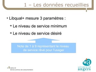1 – Les données recueillies

• Libqual+ mesure 3 paramètres :
    ➔
        Le niveau de service minimum
    ➔
        Le niveau de service désiré


              Note de 1 à 9 représentant le niveau
                 de service rêvé pour l'usager




6   26/01/10
    Service commun de la documentation
 