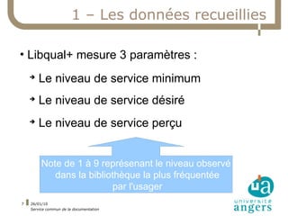 1 – Les données recueillies

• Libqual+ mesure 3 paramètres :
    ➔
        Le niveau de service minimum
    ➔
        Le niveau de service désiré
    ➔
        Le niveau de service perçu


         Note de 1 à 9 représenant le niveau observé
            dans la bibliothèque la plus fréquentée
                          par l'usager
7   26/01/10
    Service commun de la documentation
 