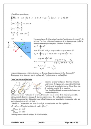 HYDRAULIQUE COURS Page 14 sur 86
L’équilibre nous donne :
    
 
 
332
32
²
0²
32
²
0²²0
3
3
000
h
dsoit
hdh
hh
dh
hd
hh
dh
dzhdzdhzdzzdhdzhzsoitdMy
hhh
C




 
OO' Patm

Air
Liquide
z
x
dz
dF1
dF2
Une autre façon de déterminer le point d’application du point (P) de
la force F revient à dire que le moment de la résultante est égal à la
somme des moments des petits éléments de surface :
Sx
I
x
Sx
xSI
x
Sx
I
Sxg
Ig
F
dSxg
x
dSxgdSxgxFx
dSxgdSzgdFdFdFavec
dFxFx
G
G
G
G
GG
p
G
Oy
G
OyS
p
SS
p
S
p


















2
2
2
21
sin
sin
sin
sinsin
sin





Le centre de poussée est donc toujours en dessous du centre de gravité. La distance GP
diminue au fur et à mesure que la surface AB s’enfonce sous la surface libre.
Cas d’une paroi cylindrique
Etudions le cas d’un liquide dans une conduite.
La pression du liquide sera supposée uniforme à
l’intérieur de la conduite : rayon faible, donc pas
de variation notable de la pression.
Pour simplifier l’étude, nous nous intéresserons
à un demi cylindre.
Intéressons nous à l’intensité de la force. Dans notre cas, la norme de la force est partout la
même, mais la direction change. Il faut encore recourir à des surfaces élémentaires.
Choisissons une surface élémentaire, de même longueur que la conduite, et comprise entre les
angles  et d (donc dS = L.R.d ).
Le fluide et l’air exercent sur la surface dS de la canalisation une force globale:
dSPdF relative  qui s’écrit dans le repère  jiO ,, :


sin
cos


dsP
dsP
dF
relative
relative
En intégrant sur toute la surface du demi cylindre :
 