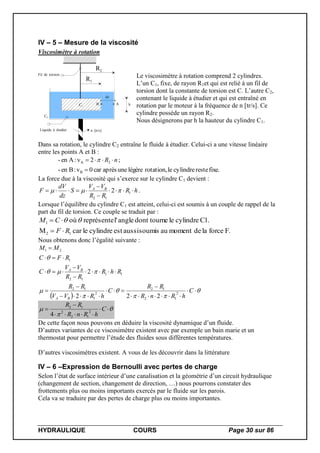 HYDRAULIQUE COURS Page 30 sur 86
IV – 5 – Mesure de la viscosité
Viscosimètre à rotation
n [tr/s]
R1
R2
Fil de torsion
Liquide à étudier
AB
dz
C1
C2
h
Le viscosimètre à rotation comprend 2 cylindres.
L’un C1, fixe, de rayon R1et qui est relié à un fil de
torsion dont la constante de torsion est C. L’autre C2,
contenant le liquide à étudier et qui est entraîné en
rotation par le moteur à la fréquence de n [tr/s]. Ce
cylindre possède un rayon R2.
Nous désignerons par h la hauteur du cylindre C1.
Dans sa rotation, le cylindre C2 entraîne le fluide à étudier. Celui-ci a une vitesse linéaire
entre les points A et B :
fixe.restecylindrelerotation,légèreuneaprèscar0v:Ben-
;2v:Aen-
B
2A

 nR
La force due à la viscosité qui s’exerce sur le cylindre C1 devient :
hR
RR
VV
S
dz
dV
F BA



 1
12
2  .
Lorsque l’équilibre du cylindre C1 est atteint, celui-ci est soumis à un couple de rappel de la
part du fil de torsion. Ce couple se traduit par :
F.forcelademomentausoumisaussiestcylindrelecarM
C1.cylindreleedont tournanglel'représenteoù
12
1
RF
CM

 
Nous obtenons donc l’égalité suivante :
 




















C
hRnR
RR
C
hRVV
RR
RhR
RR
VV
C
RFC
MM
BA
BA
2
12
12
2
1
12
11
12
1
21
222
2


 


 C
hRnR
RR
2
12
2
12
4
De cette façon nous pouvons en déduire la viscosité dynamique d’un fluide.
D’autres variantes de ce viscosimètre existent avec par exemple un bain marie et un
thermostat pour permettre l’étude des fluides sous différentes températures.
D’autres viscosimètres existent. A vous de les découvrir dans la littérature
IV – 6 –Expression de Bernoulli avec pertes de charge
Selon l’état de surface intérieur d’une canalisation et la géométrie d’un circuit hydraulique
(changement de section, changement de direction, …) nous pourrons constater des
frottements plus ou moins importants exercés par le fluide sur les parois.
Cela va se traduire par des pertes de charge plus ou moins importantes.
 
