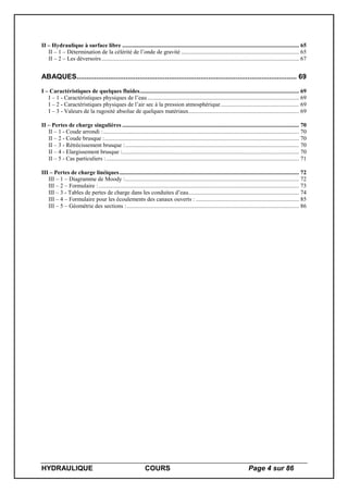HYDRAULIQUE COURS Page 4 sur 86
II – Hydraulique à surface libre ........................................................................................................................ 65
II – 1 – Détermination de la célérité de l’onde de gravité ................................................................................ 65
II – 2 – Les déversoirs...................................................................................................................................... 67
ABAQUES................................................................................................................ 69
I – Caractéristiques de quelques fluides............................................................................................................ 69
I – 1 - Caractéristiques physiques de l’eau....................................................................................................... 69
I – 2 - Caractéristiques physiques de l’air sec à la pression atmosphérique ..................................................... 69
I – 3 - Valeurs de la rugosité absolue de quelques matériaux........................................................................... 69
II – Pertes de charge singulières ........................................................................................................................ 70
II – 1 - Coude arrondi :..................................................................................................................................... 70
II – 2 - Coude brusque :.................................................................................................................................... 70
II – 3 - Rétrécissement brusque :...................................................................................................................... 70
II – 4 - Elargissement brusque :........................................................................................................................ 70
II – 5 - Cas particuliers :................................................................................................................................... 71
III – Pertes de charge linéiques.......................................................................................................................... 72
III – 1 – Diagramme de Moody :...................................................................................................................... 72
III – 2 – Formulaire :........................................................................................................................................ 73
III – 3 - Tables de pertes de charge dans les conduites d’eau........................................................................... 74
III – 4 – Formulaire pour les écoulements des canaux ouverts : ...................................................................... 85
III – 5 – Géométrie des sections :..................................................................................................................... 86
 
