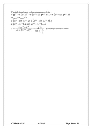 HYDRAULIQUE COURS Page 53 sur 86
D’après le théorème du binôme, nous pouvons écrire :
      85,085,185,085,185,185,1
85,1...85,1 QQkQQkQkQk O
   
   
   
 
  .
85,185,1
085,1
085,185,1
0
0
85,0
'0
85,0
0
85,1
'0
85,1
0
85,0
'0
85,0
0
85,1
'0
85,1
0
85,0
'0
85,1
'0
85,0
0
85,1
0
réseaudubouclechaquepour
Q
H
H
QQk
QQk
QQkQQk
QQkQQk
HH
L
L
ADCLABCL










 