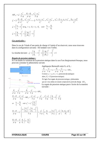 HYDRAULIQUE COURS Page 63 sur 86
 
22
2
1
2
2
1
2
1
1
2
2211v
2
1
2
2
1
2
12
2
1
2
121
2
2
2
1
2
2
2
1
2
1
2
221
2
1
2
2
2
1
2
1
21
2
2
2
121
2
1
12
11
qor1
2
22
22

















































D
D
S
S
S
S
v
v
soitSvSv
v
v
v
vv
v
vvvv
v
vv
v
vvv
v
vv
v
PP
g
vv
g
PP
g
v
H






Cas particulier :
Dans le cas de l’étude d’une perte de charge à l’entrée d’un réservoir, nous nous trouvons
dans la configuration suivante : D2 tendant vers l’infini.
Le résultat devient : 111
22
2
1
2
2
1






















D
D
S
S

Regain de pression statique :
Si l’on étudie la variation de la pression statique dans le cas d’un élargissement brusque, nous
pouvons constater le phénomène suivant.
S1 S2
V1 V2
Zone de fluide mort
P [Pa]
X [m]
L1
L2
0
Ligne de charge
H12
Pression dynamique
J.L1
Pression statique : ligne piézométrique
Appliquons Bernoulli entre S1 et S2 :
.chargedeperteladecompteen tenantmêmeest vrai,qui
phénomène-statiquepressionderegainund'agits'Il
statique).(pressionalors,
dynamique)(pression
22
12
12
2121
122
2
22
1
2
11
H
PP
vvetzzComme
Hz
g
v
g
P
z
g
v
g
P










 
Le regain de pression statique peut s’écrire de la manière
suivante :














 





















































































2
1
2
1
2
112
2
2
2
121
2
1
2
2
1
2
1
2
1
2
2
1
2
2
1
2
1
12
2
2
12
1
2
2
2
1
1
2
2
1
2
2
1
2
2
2
1
2
1
2
2
2
1
12
2
2
2
112
122
2
22
1
2
11
1
22
22
11
2
1
2222
22
S
S
S
S
g
v
g
PP
S
SSS
g
v
S
S
S
S
g
v
g
S
S
S
S
v
g
PP
S
S
vvsoit
S
S
v
v
or
g
v
S
S
g
vv
g
v
g
vv
H
g
vv
g
PP
Hz
g
v
g
P
z
g
v
g
P





 