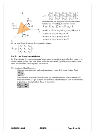 HYDRAULIQUE COURS Page 7 sur 86
y
z
x
 nN,
 iN ,1
 jN ,2
 kN,3
Avec :


















































3
2
1
33
32
31
3
23
22
21
2
13
12
11
1
3
2
1
,,,,



















n
nous obtenons, en négligeant l’effet des forces de
volume (du 3ème
ordre) , l’équilibre suivant :
0
0
0
0
0
3332231133
3322221122
3312211111
332211
332211










dSdSdSdS
dSdSdSdS
Ce qui nous donne le tenseur des contraintes suivant :
  nnN 











332313
322212
312111
,




II – 5 - Les équations de base
La détermination des caractéristiques d’un écoulement consiste à rechercher la pression et la
vitesse en tous points. Pour cela, il faut écrire des équations d’équilibre (ou de conservation)
entre les différentes forces agissant sur le fluide.
Ces équations d’équilibre sont :
- l’équation de continuité ou équation de conservation de la masse (m) du fluide
0
dt
dm
;
- l’équation de la quantité de mouvement qui traduit l’équilibre entre la somme des
forces extérieures (F) qui exercent une influence sur le fluide et le taux de variation de
la quantité de mouvement du fluide de masse m :
 


F
dt
vmd
.
 
