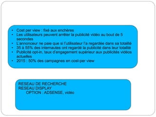 • Cost per view : fixé aux enchères
• Les utilisateurs peuvent arrêter la publicité vidéo au bout de 5
  secondes
• L’annonceur ne paie que si l’utilisateur l’a regardée dans sa totalité
• 35 à 55% des internautes ont regardé la publicité dans leur totalité
• Publicité opt-in, taux d’engagement supérieur aux publicités vidéos
  actuelles
• 2015 : 50% des campagnes en cost-per view




    RESEAU DE RECHERCHE
    RESEAU DISPLAY
       OPTION : ADSENSE, vidéo
 