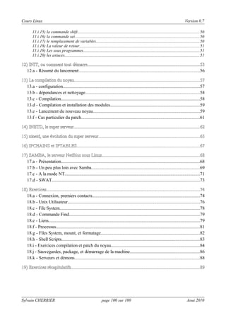 Cours Linux

Version 0.7

11.i.15) la commande shift...................................................................................................................50
11.i.16) la commande set.....................................................................................................................50
11.i.17) le remplacement de variables.................................................................................................50
11.i.18) La valeur de retour.................................................................................................................51
11.i.19) Les sous programmes.............................................................................................................51
11.i.20) les astuces...............................................................................................................................51

12) INIT, ou comment tout démarre..................................................................................................53
démarre..................................................................................................53
12.a - Résumé du lancement:.........................................................................................................56
13) La compilation du noyau..............................................................................................................57
noyau..............................................................................................................57
13.a - configuration........................................................................................................................57
13.b - dépendances et nettoyage....................................................................................................58
13.c - Compilation..........................................................................................................................58
13.d - Compilation et installation des modules...............................................................................59
13.e - Lancement du nouveau noyau..............................................................................................59
13.f - Cas particulier du patch........................................................................................................61
14) INETD, le super serveur..............................................................................................................62
serveur..............................................................................................................62
15) xinetd, une évolution du super serveur.........................................................................................65
serveur.........................................................................................65
16) IPCHAINS et IPTABLES............................................................................................................67
IPTABLES............................................................................................................67
17) SAMBA, le serveur NetBios sous Linux......................................................................................68
Linux......................................................................................68
17.a - Présentation..........................................................................................................................68
17.b - Un peu plus loin avec Samba...............................................................................................69
17.c - A la mode NT......................................................................................................................71
17.d - SWAT..................................................................................................................................73
18) Exercices......................................................................................................................................74
Exercices......................................................................................................................................74
18.a - Connexion, premiers contacts..............................................................................................74
18.b - Unix Utilisateur....................................................................................................................76
18.c - File System...........................................................................................................................78
18.d - Commande Find...................................................................................................................79
18.e - Liens.....................................................................................................................................79
18.f - Processus..............................................................................................................................81
18.g - Files System, mount, et formatage.......................................................................................82
18.h - Shell Scripts.........................................................................................................................83
18.i - Exercices compilation et patch du noyau..............................................................................84
18.j - Sauvegardes, package, et démarrage de la machine.............................................................86
18.k - Serveurs et démons..............................................................................................................88
19) Exercices récapitulatifs.................................................................................................................89
récapitulatifs.................................................................................................................89

Sylvain CHERRIER

page 100 sur 100

Aout 2010

 