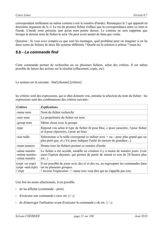 Cours Linux

Version 0.7

correspondent réellement au même contenu (voir le numéro d'inode). Remarquez le 2 qui apparaît en
deuxième argument du ls -l. Le rm du premier fichier n'efface que la correspondance entre ce nom et
l'inode. L'inode reste présente tant qu'un nom pointe dessus. Le contenu ne sera supprime que
lorsque le dernier nom de fichier le sera. On peut avoir autant de liens que voulu.
Question : Si vous avez compris ce que sont les montages, quel problème peut on imaginer si on lie
deux noms de fichiers de deux file système différents ? Quelle est la solution à utiliser ? (man ln)

6.b - La commande find
Cette commande permet de rechercher un ou plusieurs fichiers, selon des critères. Il est même
possible de lancer des actions sur le résultat (effacement, copie, etc).

La syntaxe est la suivante : find [chemin] [critères]

les critères sont des expressions, qui si elles donnent vrai, entraîne la sélection du nom du fichier : les
expressions sont des combinaisons des critères suivants :
Critères

Explications

-name nom

Nom du fichier recherché

-user nom

Le propriétaire du fichier est nom

-group nom

Même chose avec le groupe

-type

Répond vrai selon le type de fichier (b pour bloc, c pour caractère, f pour fichier
et d pour répertoire, l pour un lien)

-size taille

Selectionne si la taille correspond (a utiliser avec + ou - pour plus grand que ou
plus petit que, et c b k pour indiquer l'unité de mesure de grandeur...)

-inum numero

Donne tous les fichiers portant ce numéro d'inode

-atime numéro
-mtime numéro
-ctime numéro

Le fichier a été accédé, modifié ou création il y à moins de numéro jours. (voir
aussi l'option daystart, qui permet de partir de minuit et non de 24 heures plus
tot...)

(expr -or expr)
Il est possible de jouer avec des et et des ou, en regroupant les commandes dans
(expr -and expr) un ou plusieurs groupes.
! expr
! inverse l'expression : ! -name toto veut dire qui ne s'appelle pas toto.
Une fois les noms sélectionnés, il est possible
•

de les afficher (commande - print)

•

d'exécuter une commande (-exec rm {} ;)

•

de d'interroger l'utilisateur avant d'exécuter la commande (-ok rm {} ;)

Sylvain CHERRIER

page 21 sur 100

Aout 2010

 