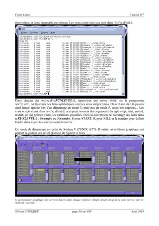 Cours Linux

Version 0.7

répertoires, et donc regroupés par niveau. Les vrais script sont eux sont dans /Etc/rc.d/init.d.

Dans chacun des /etc/rc.d/rcRUNLEVEL.d, répertoires qui seront visité par le programme
/etc/rc.d/rc, on trouvera des liens symboliques vers les vrais scripts (dans /etc/rc.d/init.d). On pourra
ainsi lancer apache lors d'un démarrage en mode 3, mais pas en mode 5, selon nos caprices... Les
vrais scripts (ceux dans /etc/rc.d/init.d) acceptent souvent des arguments du type stop, start, reload,
restart, ce qui permet toutes les variations possibles. D'où la convention de nommage des liens dans
rcRUNLEVEL.d : Snuméro ou Knuméro. S pour START, K pour KILL et le numéro pour définir
l'ordre dans lequel les services sont démarrés.
Ce mode de démarrage est celui du System V (l'UNIX ATT). Il existe un utilitaire graphique qui
permet la gestion des script (Editeur de System V Init)

le gestionnaire graphique des services lancés dans chaque runlevel. Simple drag'n drop de la zone service vers le
runlevel concerné

Sylvain CHERRIER

page 56 sur 100

Aout 2010

 