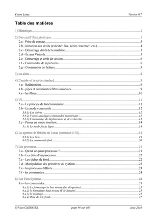 Cours Linux

Version 0.7

Table des matières
1) Historique.........................................................................................................................................1
Historique.........................................................................................................................................1
2) Descriptif Unix générique.................................................................................................................1
générique.................................................................................................................1
2.a - Prise de contact........................................................................................................................3
2.b - Initiation aux droits (exécuter, lire, écrire, traverser, etc.)......................................................4
2.c - Démarrage Arrêt de la machine...............................................................................................5
2.d - Écrans Virtuels........................................................................................................................5
2.e - Démarrage et arrêt de session..................................................................................................6
2.f - Commandes de répertoires.......................................................................................................6
2.g - Commandes de fichiers............................................................................................................8
3) les aides............................................................................................................................................8
aides............................................................................................................................................8
4) L'entrée et la sortie standard.............................................................................................................9
standard.............................................................................................................9
4.a - Redirections.............................................................................................................................9
4.b - pipes et commandes filtres associées.......................................................................................9
4.c - les filtres.................................................................................................................................10
5) VI....................................................................................................................................................11
VI....................................................................................................................................................11
5.a - Le principe de fonctionnement...............................................................................................11
5.b - Le mode commande :.............................................................................................................12
5.b.1) Les objets : ................................................................................................................................12
5.b.2) Voyons quelques commandes maintenant :................................................................................12
5.b.3) Commandes de déplacement et de recherche.............................................................................13

5.c - Passer en mode insertion........................................................................................................14
5.c.1) Le mode fin de ligne...................................................................................................................14

6) Le système de fichiers de Linux (extended 2 FS)...........................................................................16
FS)...........................................................................16
6.0.1) Les liens.....................................................................................................................................19
6.0.2) La commande find.....................................................................................................................20

7) Les processus.................................................................................................................................21
processus.................................................................................................................................21
7.a - Qu'est ce qu'un processus ?....................................................................................................21
7.b - Les états d'un processus.........................................................................................................22
7.c - Les tâches de fond.................................................................................................................22
7.d - Manipulation des primitives du système................................................................................22
7.e - les processus différés..............................................................................................................23
7.f - les commandes........................................................................................................................24
8) Les Files Systems............................................................................................................................24
Systems............................................................................................................................24
8.a - les commandes.......................................................................................................................25
8.a.1) Le formatage de bas niveau (les disquettes)..............................................................................25
8.a.2) le formatage haut niveau (File System).....................................................................................25
8.a.3) le montage.................................................................................................................................25
8.a.4) Rôle de /etc/fstab.......................................................................................................................27

Sylvain CHERRIER

page 98 sur 100

Aout 2010

 