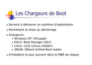 Les Chargeurs de Boot
n Servent à démarrer un système d’exploitation
n Permettent le choix au démarrage
n Chargeurs:
• Windows NT: NTLoader
• OS/2: Boot Manager OS/2
• Linux: LILO (LInux LOader)
n GRUB: GRand Unified Boot loader
n S’installent le plus souvent dans le MBR du disque
 