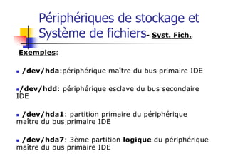 Périphériques de stockage et
Système de fichiers- Syst. Fich.
Exemples:
n /dev/hda:périphérique maître du bus primaire IDE
n/dev/hdd: périphérique esclave du bus secondaire
IDE
n /dev/hda1: partition primaire du périphérique
maître du bus primaire IDE
n /dev/hda7: 3ème partition logique du périphérique
maître du bus primaire IDE
 