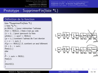 D´eﬁnition d’une liste chaˆın´ee
Ajout d’un ´el´ement
suppression d’un ´el´ement
Autres op´erations sur les listes
Supprimer au debut : la fonction SupprimerDebut()
Supprimer `a la ﬁn : la fonction SupprimerFin()
Supprimer une valeur : la fonction SupprimerVal()
Prototype : SupprimerFin(liste *L)
D´eﬁnition de la fonction
liste *SupprimerFin(liste *L)
{ liste *p,*c ;
p=NULL ; //pour m´emoriser l’adresse
if (L! = NULL) //liste n’est pa vide
{c = L; //pour parcourir la liste
while(c− > suiv! = NULL)
{p = c;//contient l’adress de l’avt dernier
c = c− > suiv; }
if (p == NULL)//L contient un seul ´el´ement
{L = L− > suiv;
free(c); }
else
{
P− > suiv = NULL;
free(c);
}
return(L);
}
Module 5: Algorithmique et programmation ENS Casablanca 2014-2015 11/ 16
 