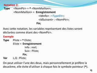 15
Type <NomPtr> = ^ <NomMaillon>;
<NomMaillon> = Enregistrement
<IdInfo> : <TypeElt>;
<IdSuivant> : <NomPtr>;
Fin;
Notation 2:
Avec cette notation, les variables représentant des listes seront
déclarées comme étant des <NomPtr>.
On peut utiliser l’une des deux, mais personnellement je préfère la
deuxième, elle évite d’utiliser à chaque fois le symbole pointeur (^).
Exemple
Type Pliste = ^ Eliste;
Eliste = Enregistrement
Info : reel;
Suiv : Pliste;
Fin;
Var L,Q : Pliste;
 