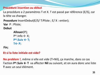 35
La procédure a 2 paramètres T et X. T est passé par référence (E/S), car
la tête va changer.
Procédure insertion au début
Procedure InsertDebut(E/S/ T:Pliste ; E/ X : entier);
Var P : Pliste;
Debut
Allouer(P);
P^.Info ← X;
P^.Suiv ← T;
T← P;
Fin;
No problem !, même si elle est vide (T=Nil), ça marche, dans ce cas
l’action P^.Suiv ← T va affecter Nil au suivant, et on aura donc une liste
T avec un seul élément.
Et si la liste initiale est vide?
 